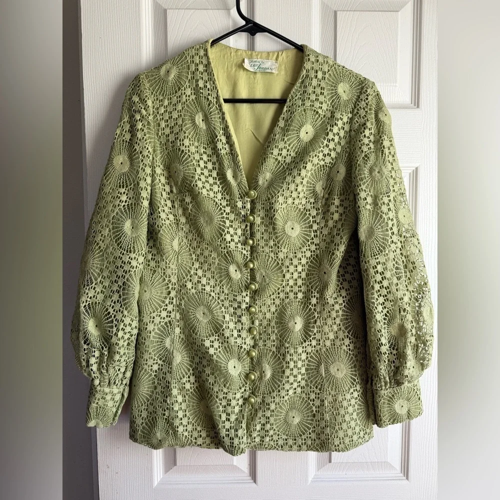 Vintage Lee Jordan Lace Crochet Jacket Blouse Sage Green Button Front Cottagecor